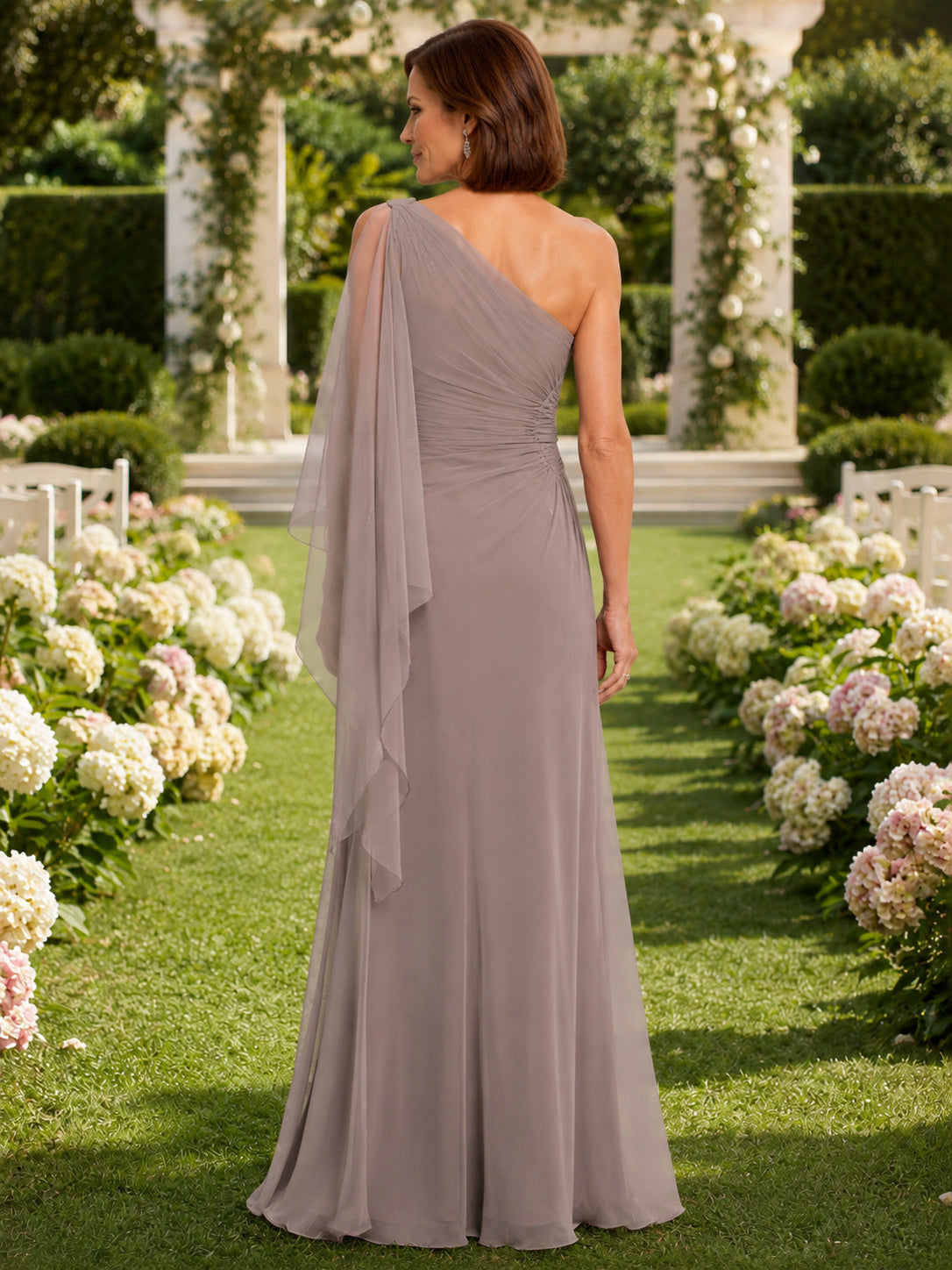 Taupe one shoulder draped chiffon sheath mother formal gown back view