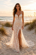Champagne Sexy Spaghetti Neck Mermaid Champagne Lace Wedding Dress with Spaghetti Straps and Sweep Train Style MG_701375 fron