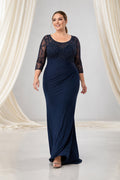 Plus Size Dark Navy Lace 3/4 Sleeve Sheath Mother Dress with Side Ruching front view