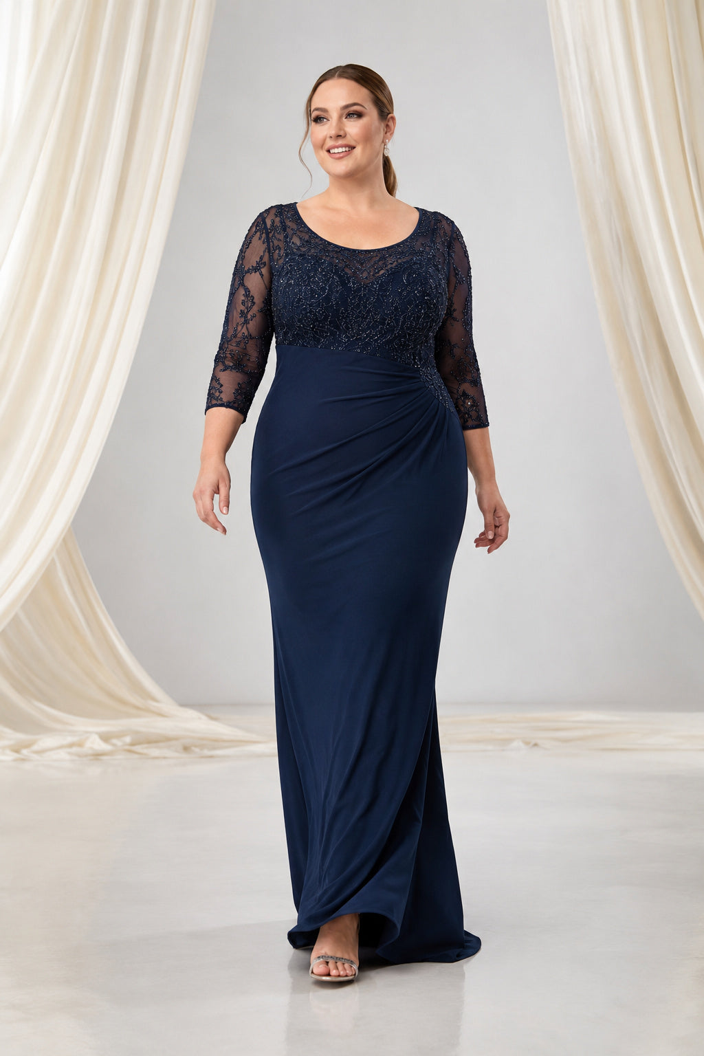 Plus Size Dark Navy Lace 3/4 Sleeve Sheath Mother Dress with Side Ruching front view