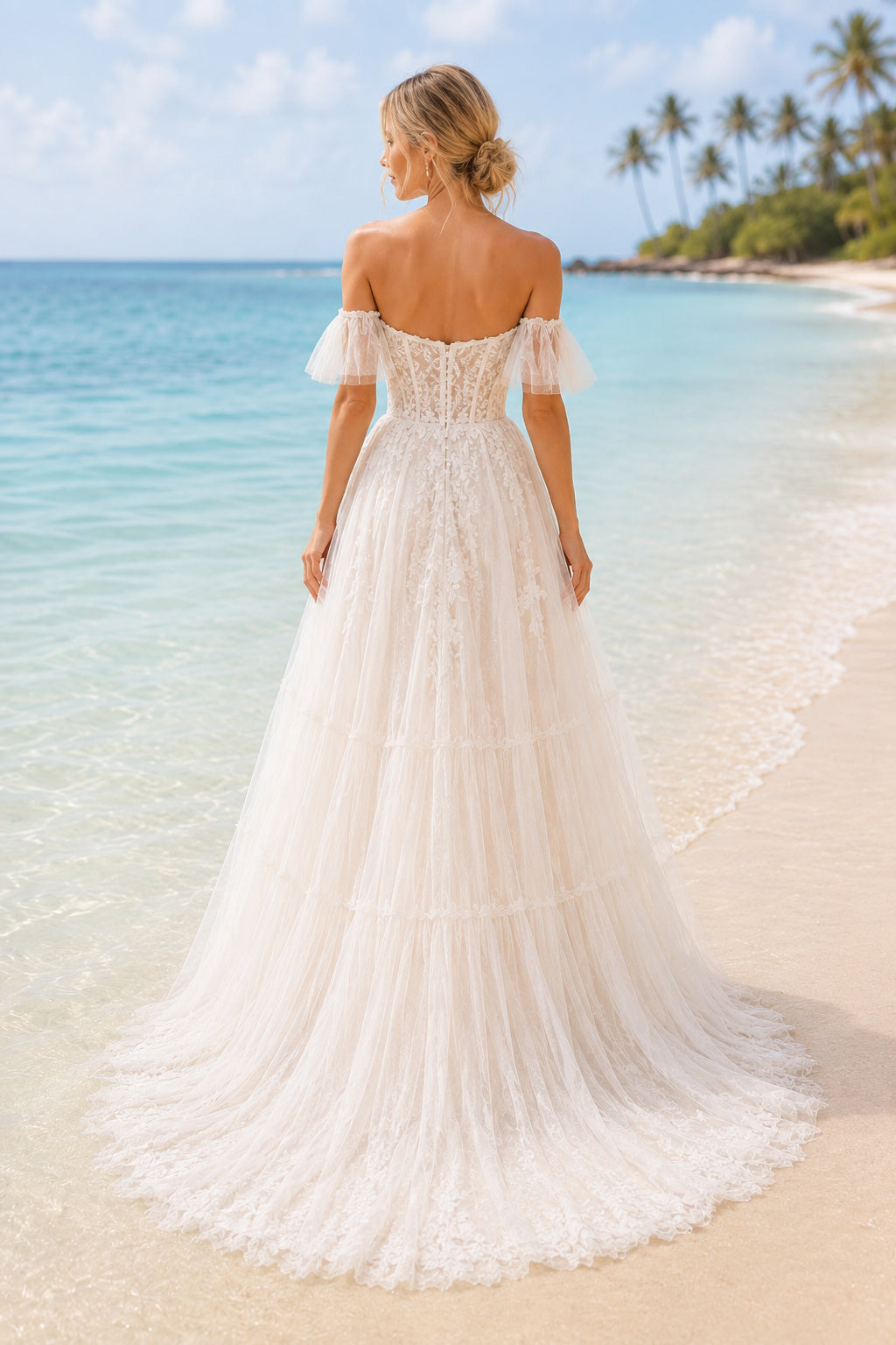 Ivory Off Shoulder Sweetheart Lace Tulle A-Line Wedding Dress Train for Bridal Ceremony and Reception back view