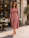 Dusty Rose Long Sleeve Wrap Knit Midi Coffee Date Dress front view