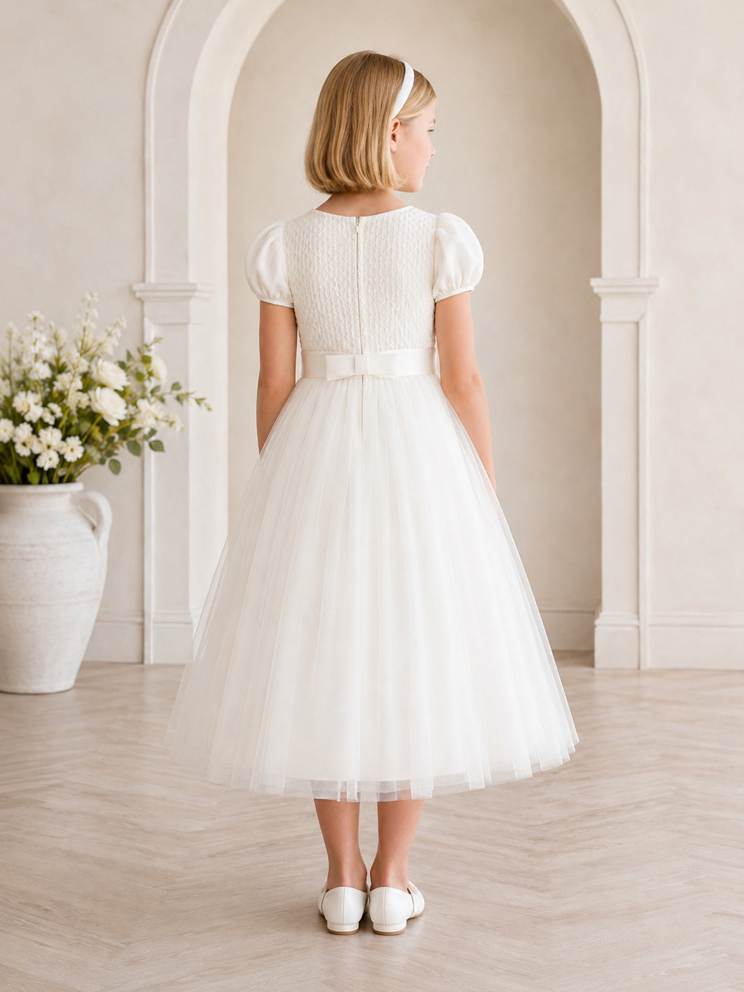 White Smocked Tulle Jewel Neck Short Puff Sleeve Smocked Bodice Ankle Length Communion Flowergirl Dress back view
