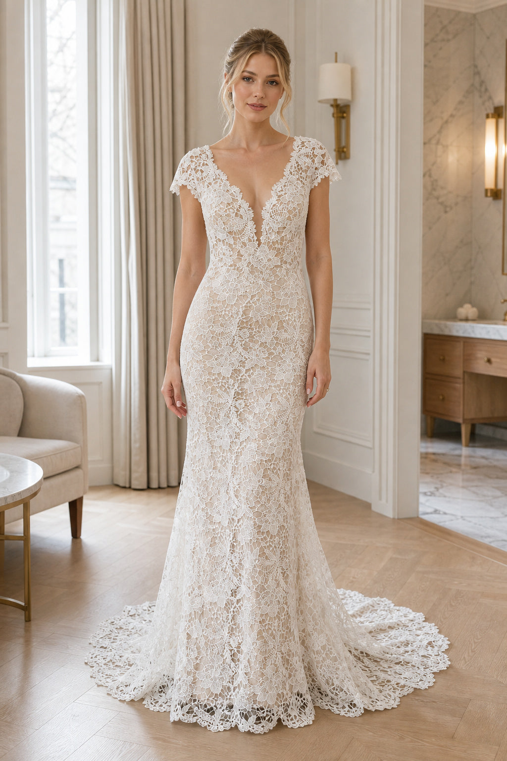 White Scoop Cap Sleeves Sheath Chiffon Floor-length Wedding Dress With Pleated Skirt and Layered Skirt and Open Back