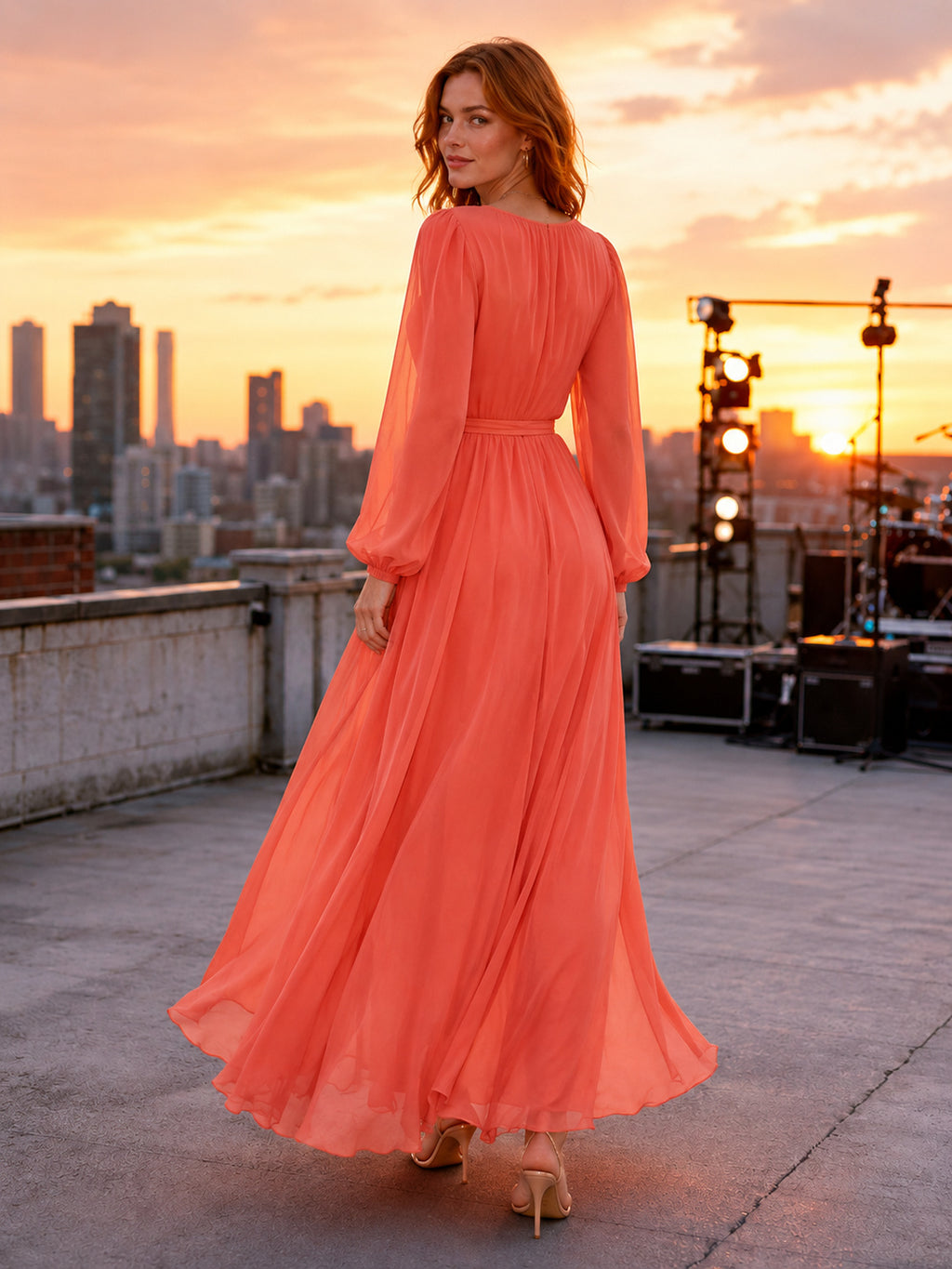 Coral long sleeve wrap rooftop concert maxi dress back view