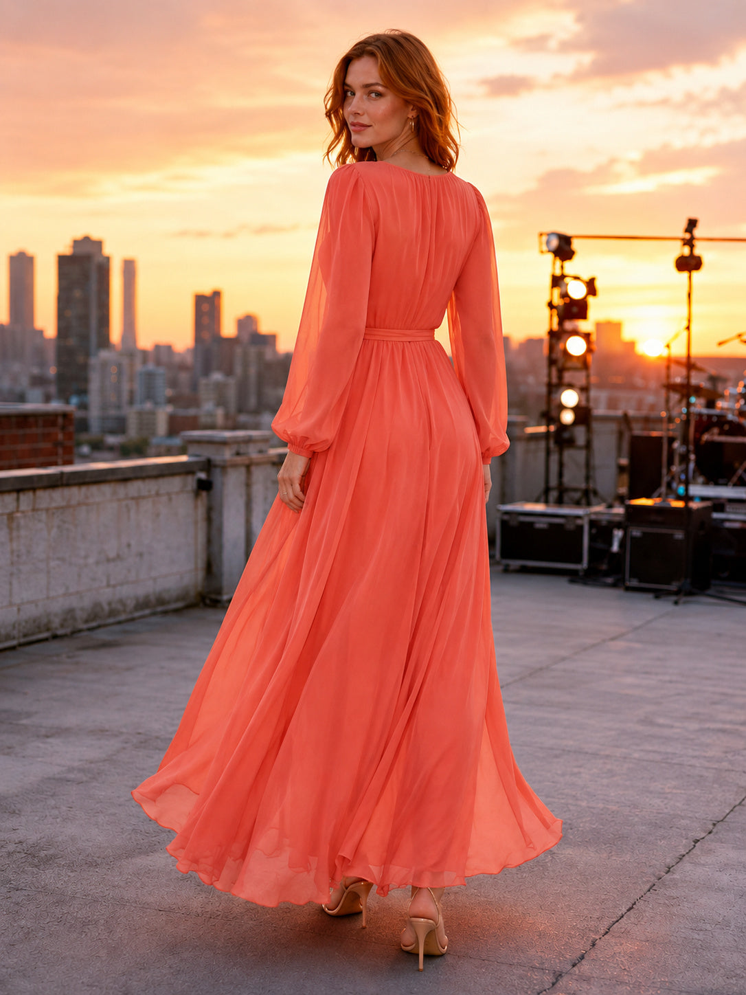 Coral long sleeve wrap rooftop concert maxi dress back view