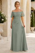 Sage Off Shoulder Chiffon A-Line Mother Dress with Flutter Sleeves and Ruching front view