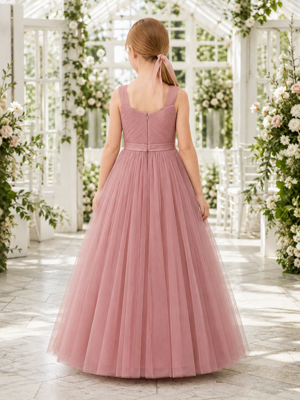 Blush Sash Tulle A-Line Flower Girl Dress with Square Neck, Sleeveless, and Floor-length Skirt back view