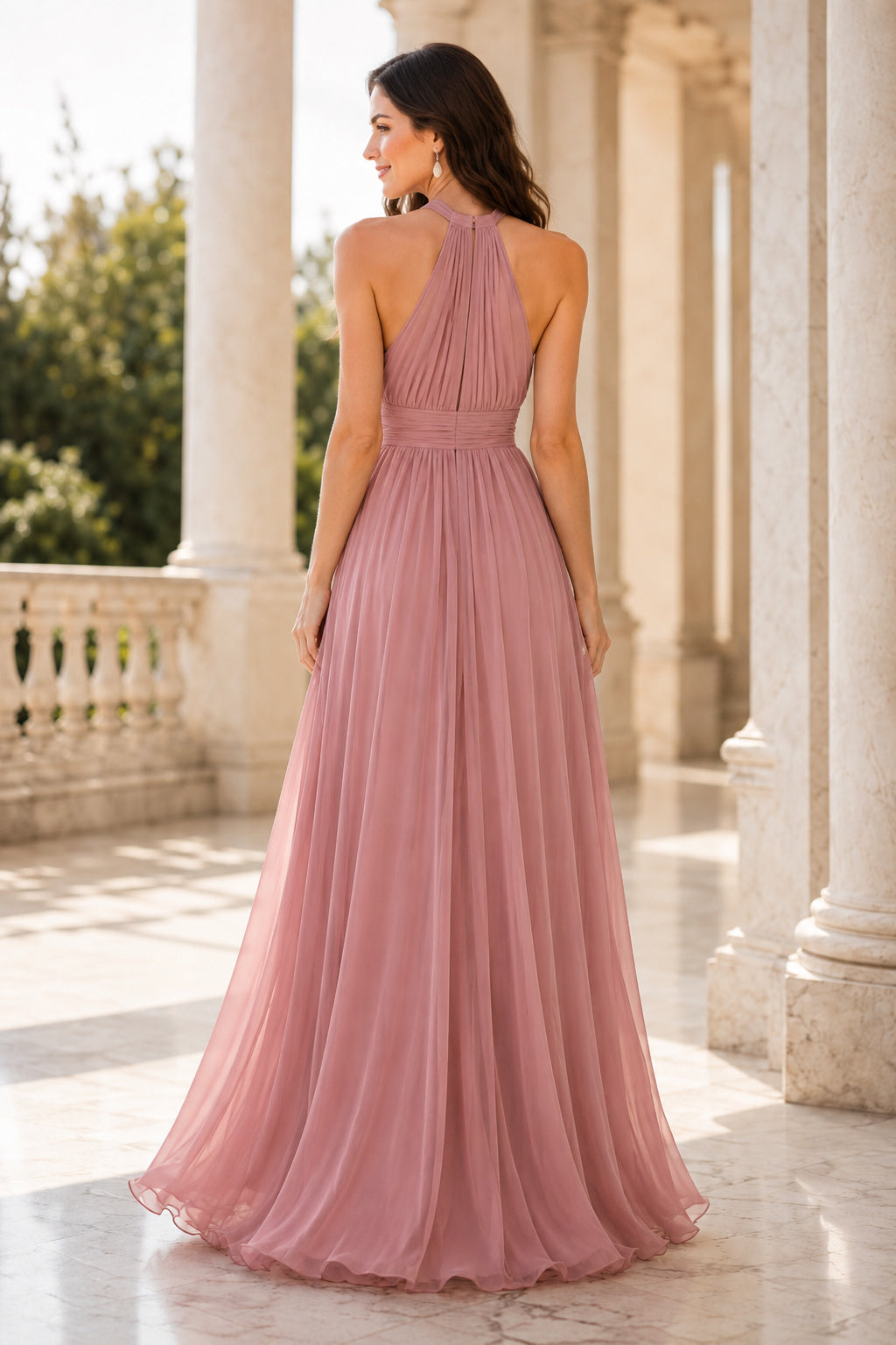 Dusty Rose Halter Chiffon A-Line Bridesmaid Dress with Pleated Bodice and Flowing Skirt back view