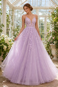 Lavende Spaghetti Strap Floral Applique Tulle A-Line Prom Dress with Plunging V-Neck front view