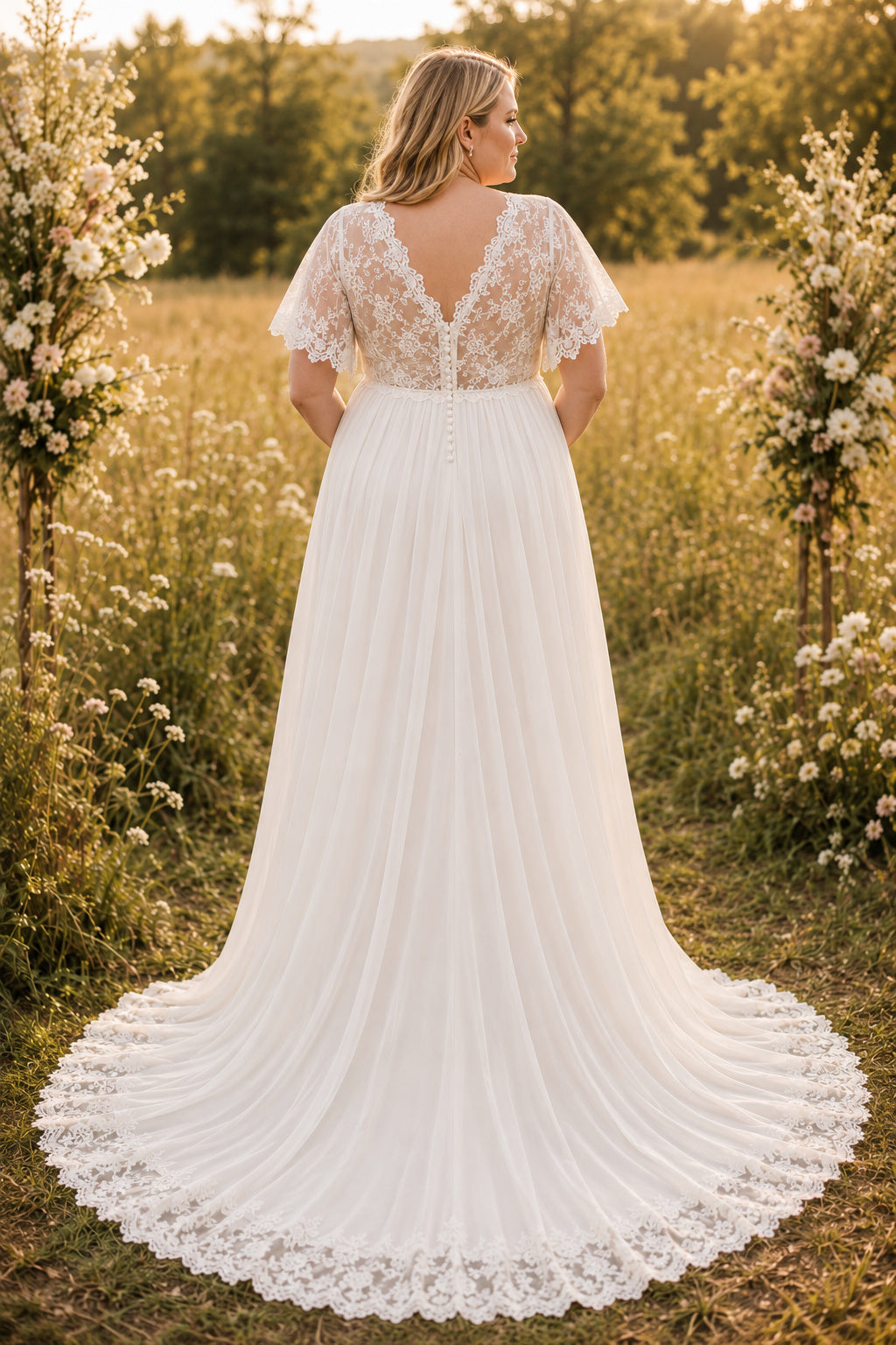 Ivory Plus Size Maternity V-Neck Flutter Sleeve Lace A-Line Wedding Dress with Train back view