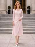 Soft Pink Long Sleeve Wrap Midi Courthouse Bridal Dress front view
