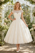 Ivory Bateau Lace Neck Cap Sleeve Lace Tulle Tea-Length Wedding Dress with Illusion Cap Sleeves and Full Tulle Skirt front vi