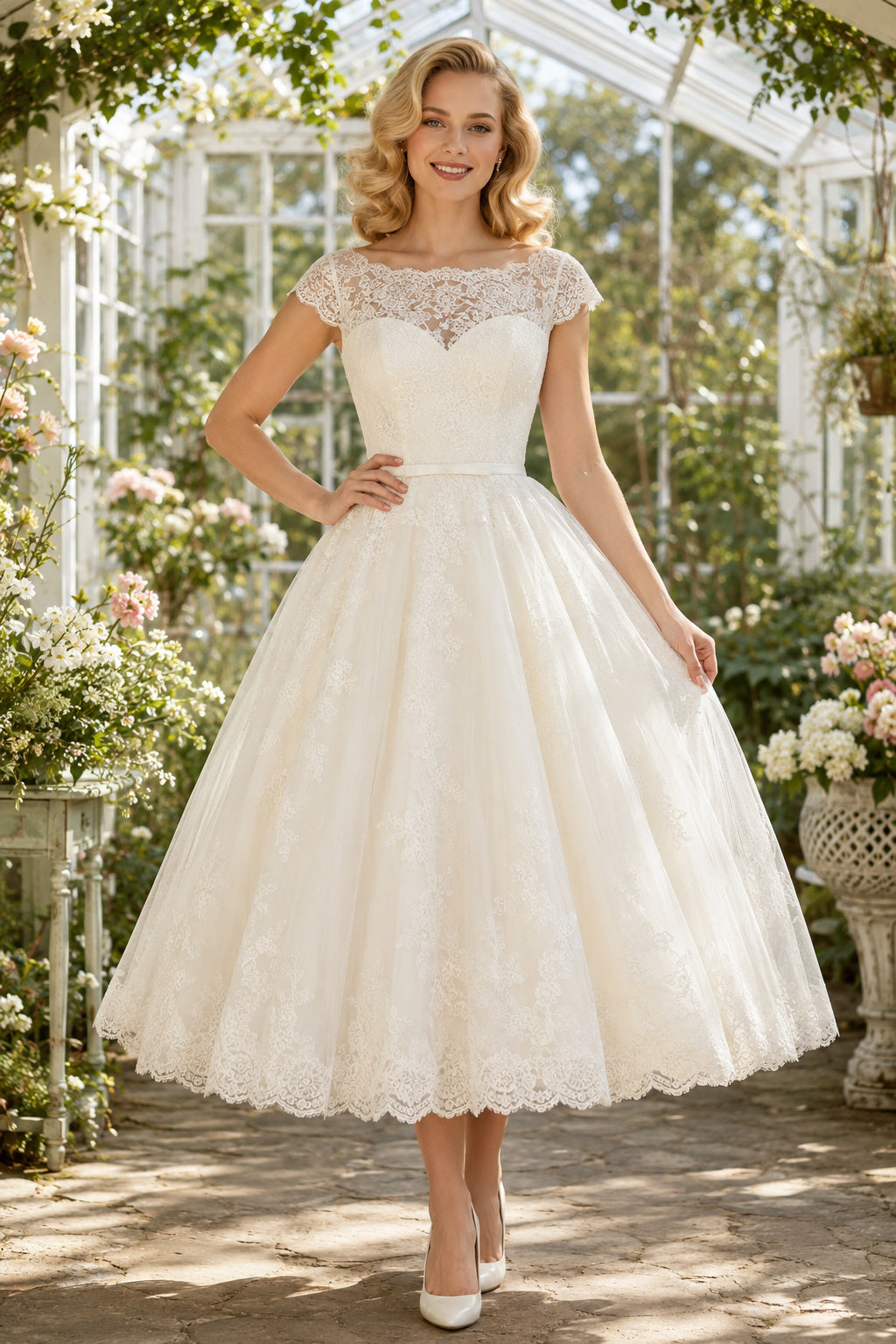 Ivory Bateau Lace Neck Cap Sleeve Lace Tulle Tea-Length Wedding Dress with Illusion Cap Sleeves and Full Tulle Skirt front vi