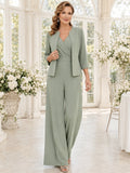 Sage Mother Pantsuit with V Neck Wrap Top, Tailored Jacket and Wide Leg Pants front view