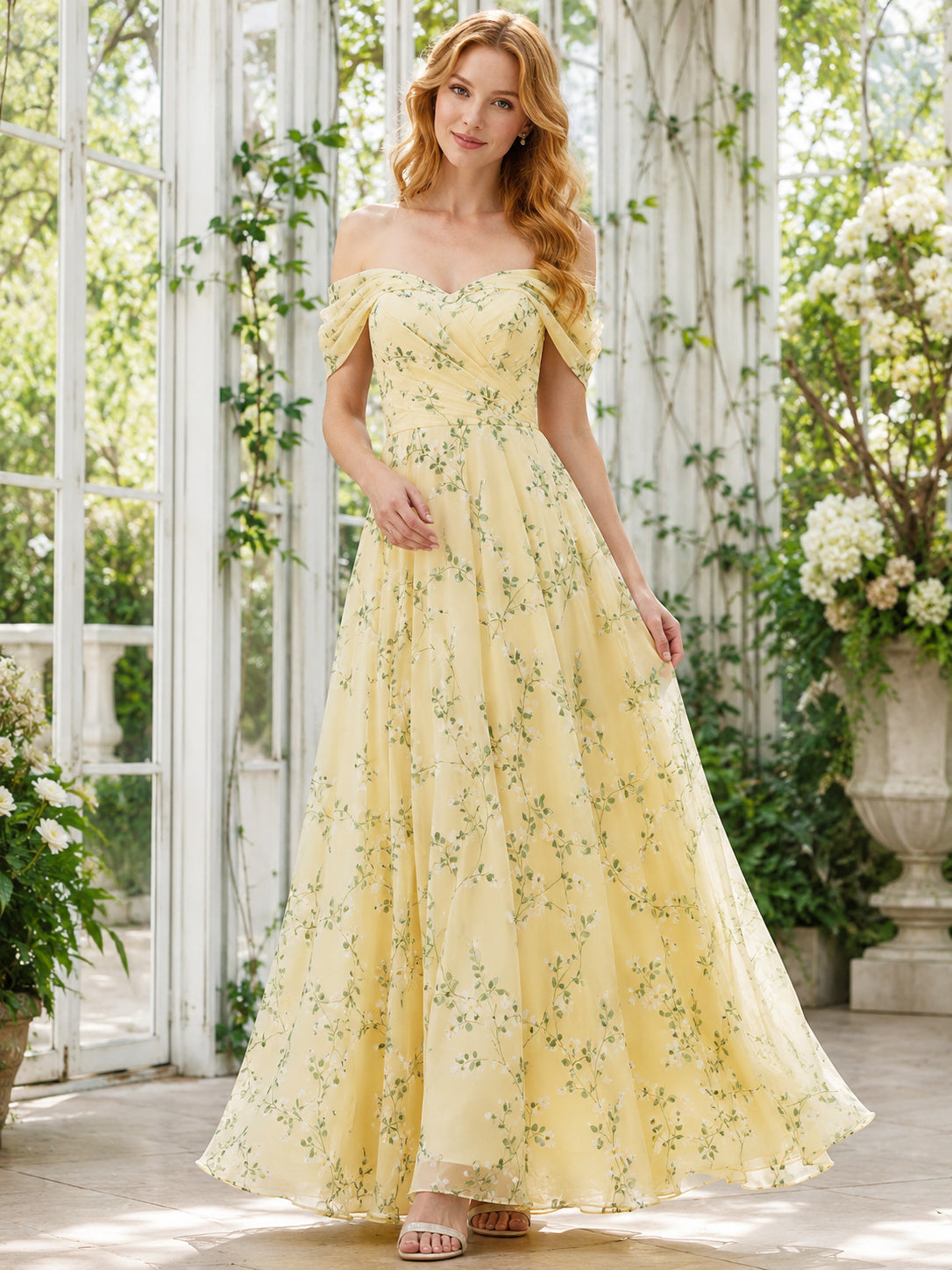 Yellow Vine Print Off Shoulder Romantic Maxi Dress front view