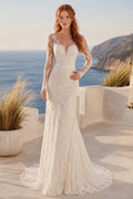 Ivory Long Sleeve Lace Mermaid Wedding Dress Low V Back Train for Bridal Ceremony and Reception front view