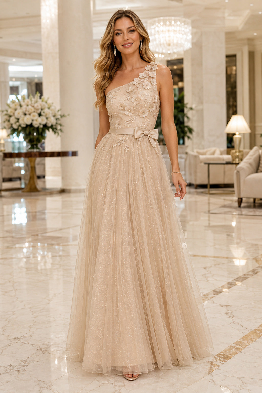 Champagne One Shoulder Lace Bodice with Waist Sash and Tulle Skirt Floor Length A-Line Prom Dress front view