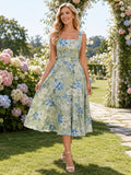 Blue floral square neck A-line garden midi dress front view
