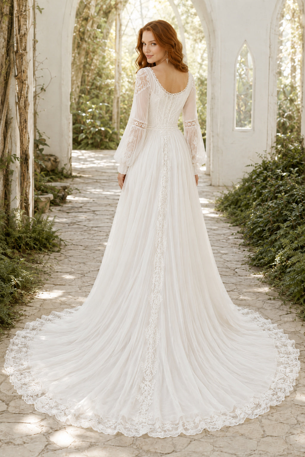 Long Sleeve V-Neck A-Line Wedding Dress with Lace Bodice and Flowing Train for Beach Garden Ceremony back view
