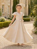 A-Line Quiet Luxury Flower Girl Dress with Cap Sleeves, Smooth Satin Bodice, Tea-Length Skirt, Natural Waist, Refined Formal
