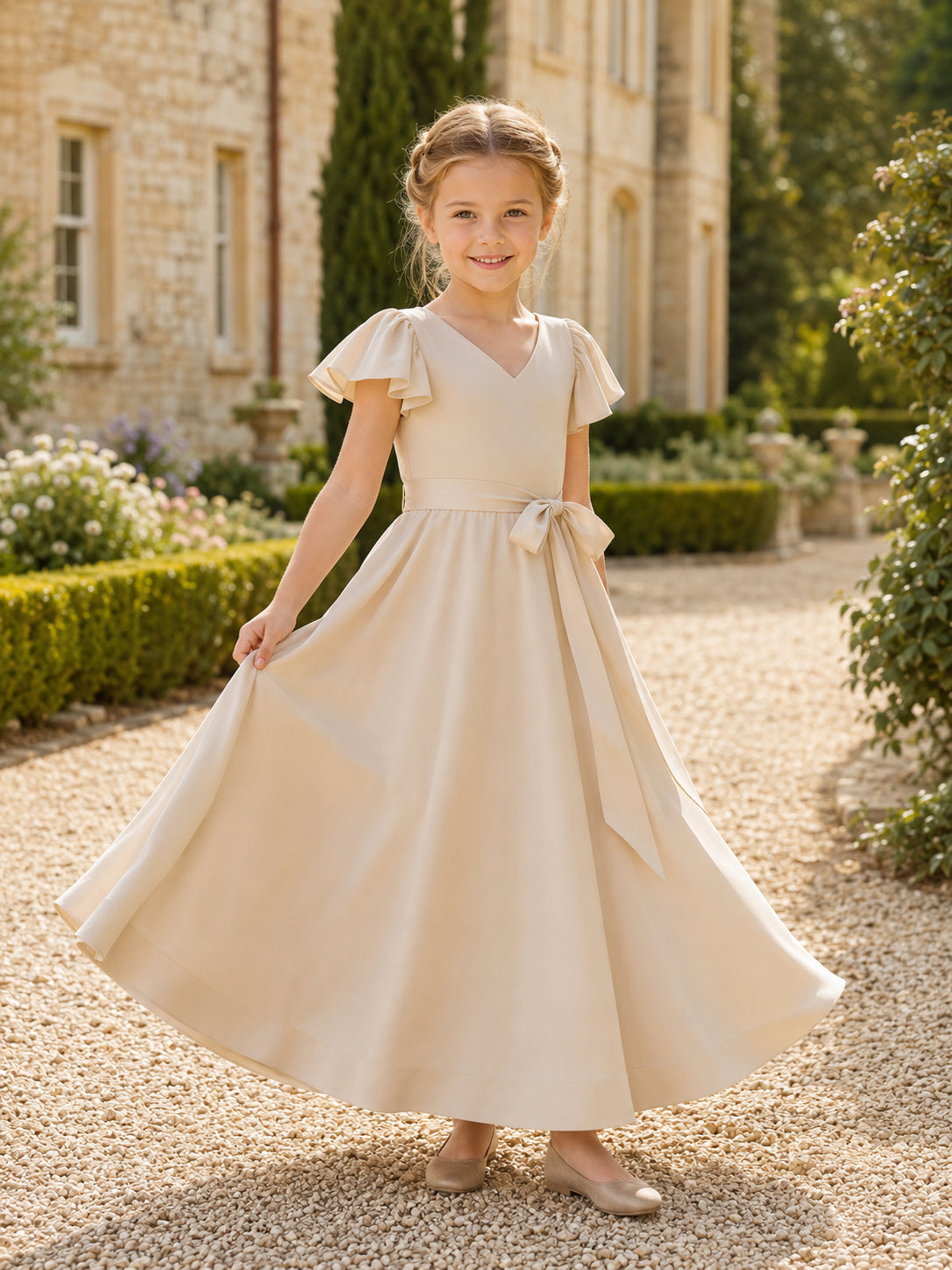 A-Line Quiet Luxury Flower Girl Dress with Cap Sleeves, Smooth Satin Bodice, Tea-Length Skirt, Natural Waist, Refined Formal