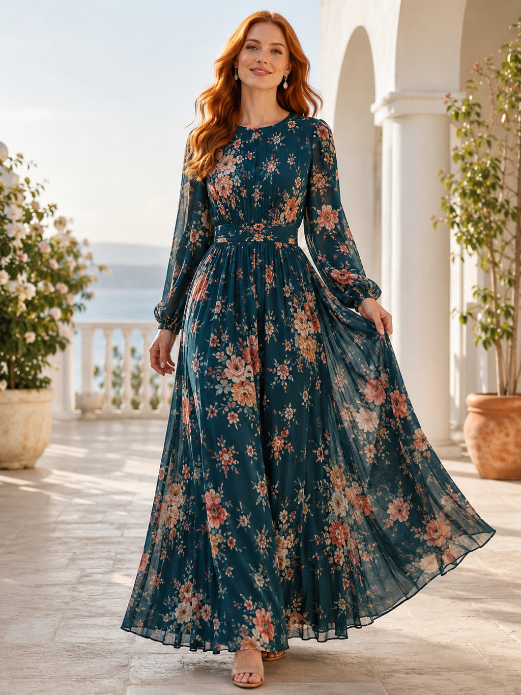 Teal Floral Jewel Neck Long Sleeve Modest A-Line Maxi Dress front view
