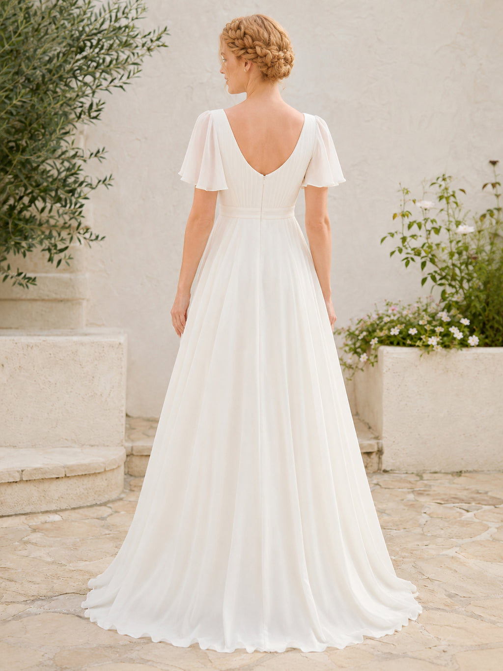 Romantic Square Neck Flutter Sleeve Chiffon A-Line Floor-Length Wedding Dress back view