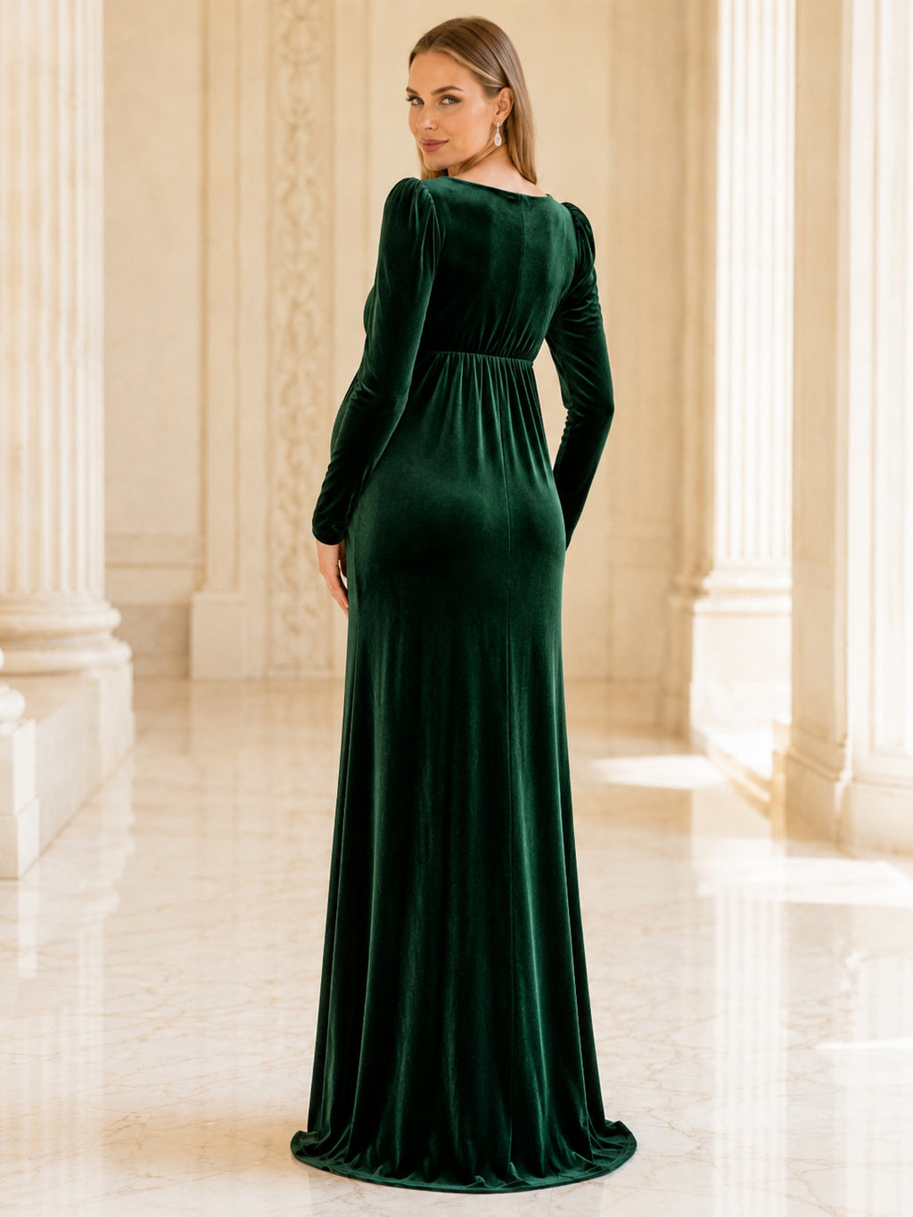 Dark Green Maternity Square Neck Long Sleeve Velvet Sheath Floor Length Luxury Evening Dress back view
