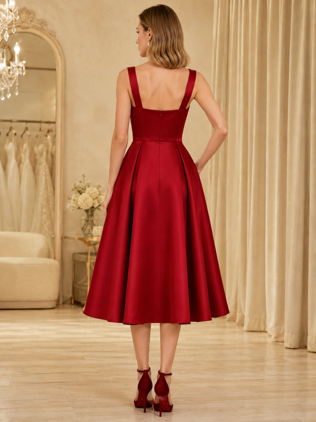 Red Square Neck Strap Satin Tea-Length A-Line Wedding Dress back view