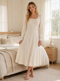 Cream square neck long sleeve knit A-line midi dress front view