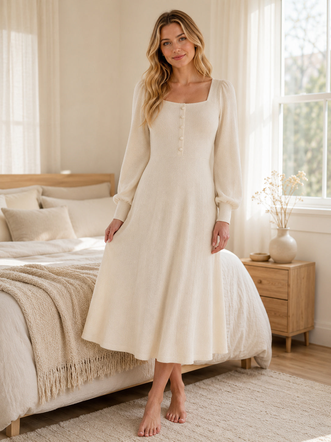 Cream square neck long sleeve knit A-line midi dress front view