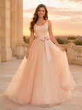 Champagne Simple Affordable Scoop Strap Tulle Satin Sash Quinceanera A-Line Summer Gown front view