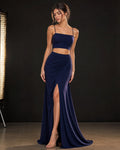 Navy Two-Piece Floor-Length Satin Sheath Dress