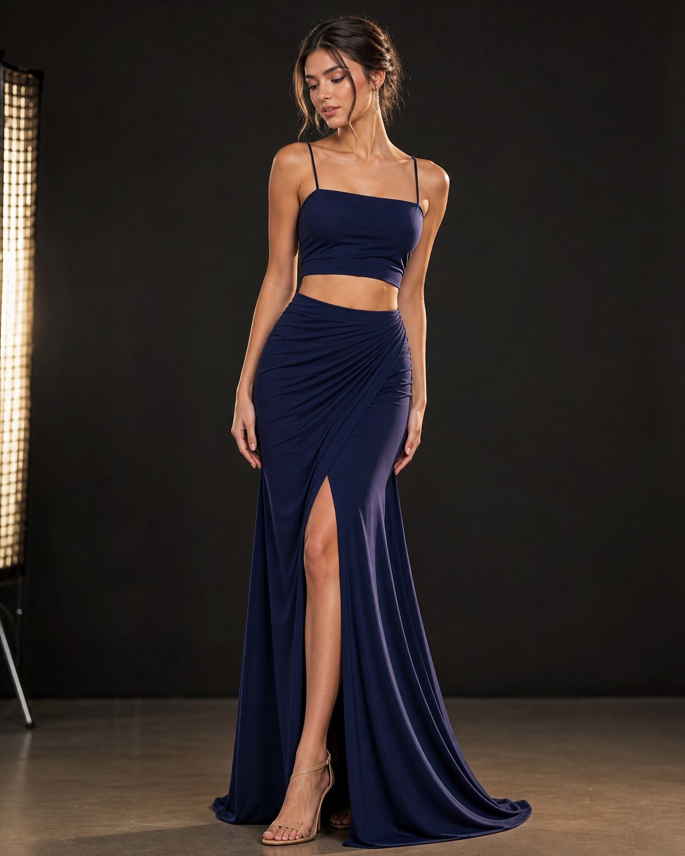 Navy Two-Piece Floor-Length Satin Sheath Dress