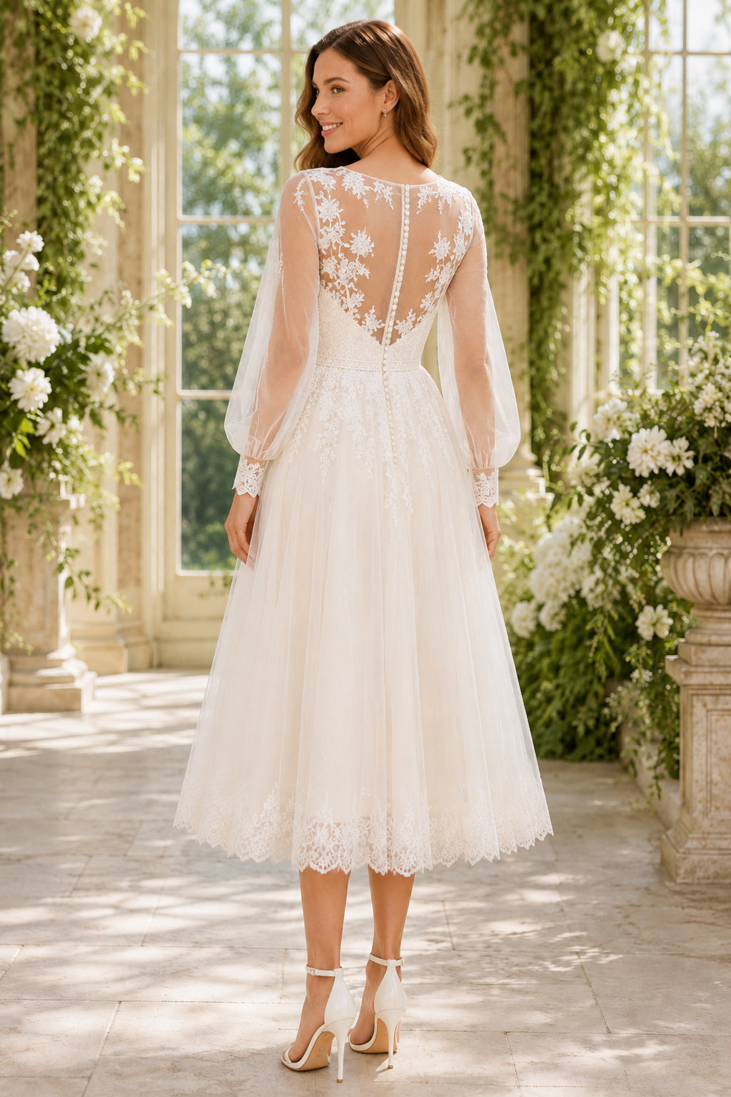Ivory V-Neck Bishop Sleeve Lace Tulle Tea-Length Wedding Dress with Bishop Sleeves and Illusion V-Back back view