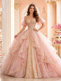 Princess Blush Carnival Ball Gown Floor Length Off Shoulder Glitter Tiered Dress front view