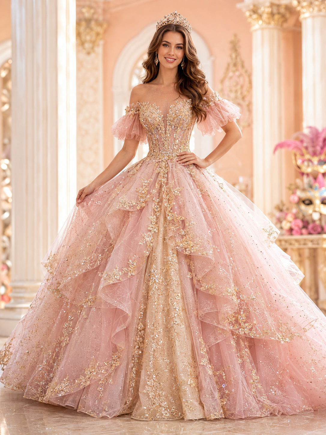 Princess Blush Carnival Ball Gown Floor Length Off Shoulder Glitter Tiered Dress front view
