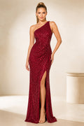 Burgundy One-Shoulder Sequin Sheath Formal Dress with High Slit front view
