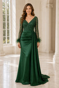 Emerald V-neck Long Sleeve Sheath Satin Floor-Length Dress With Side Drape