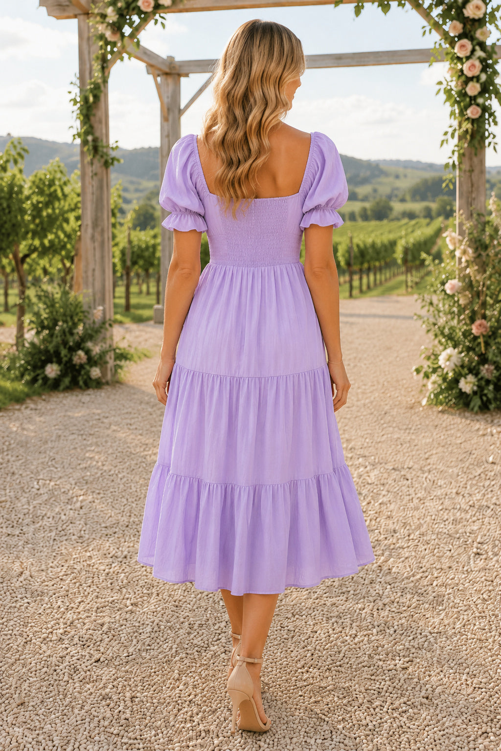 Lavender Square Neck Tiered A-Line Formal Dress back view