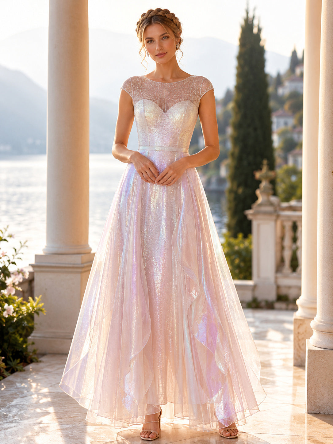 Pearl Pink Scoop Neck Iridescent Organza Formal Guest Dress front view