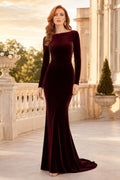 Burgundy Long Sleeve Velvet Mermaid Evening Dress with Bateau Neck and Sweep Train front view