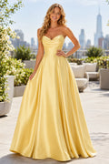 Prom Dress Daffodil Satin A-Line Strapless Sweetheart Floor Length front view