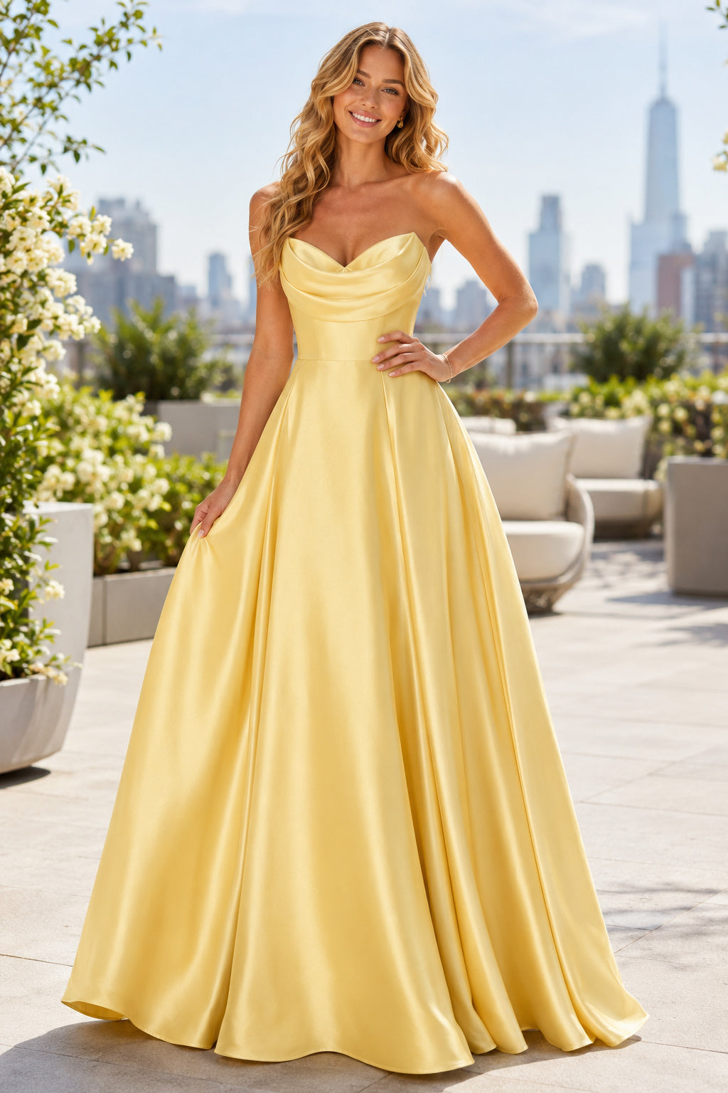 Prom Dress Daffodil Satin A-Line Strapless Sweetheart Floor Length front view