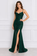 Dark Green Spaghetti Strap Sequin Mermaid Prom Dress with Front Slit front view