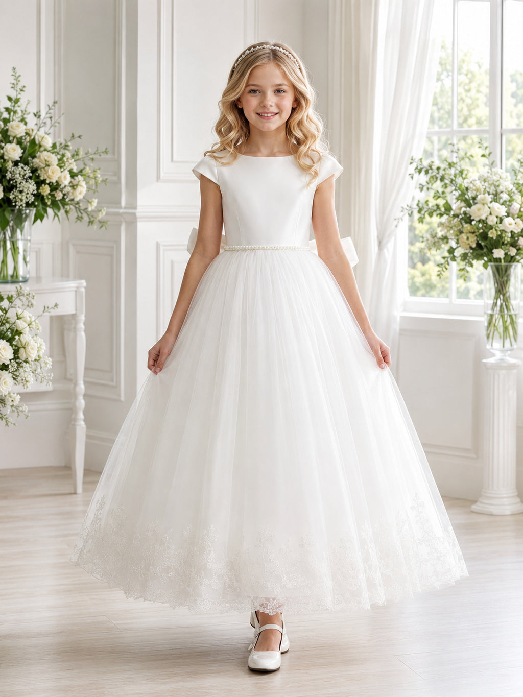 Flower Girl Dress A-Line White First Communion Tulle Short Sleeve Bow front view