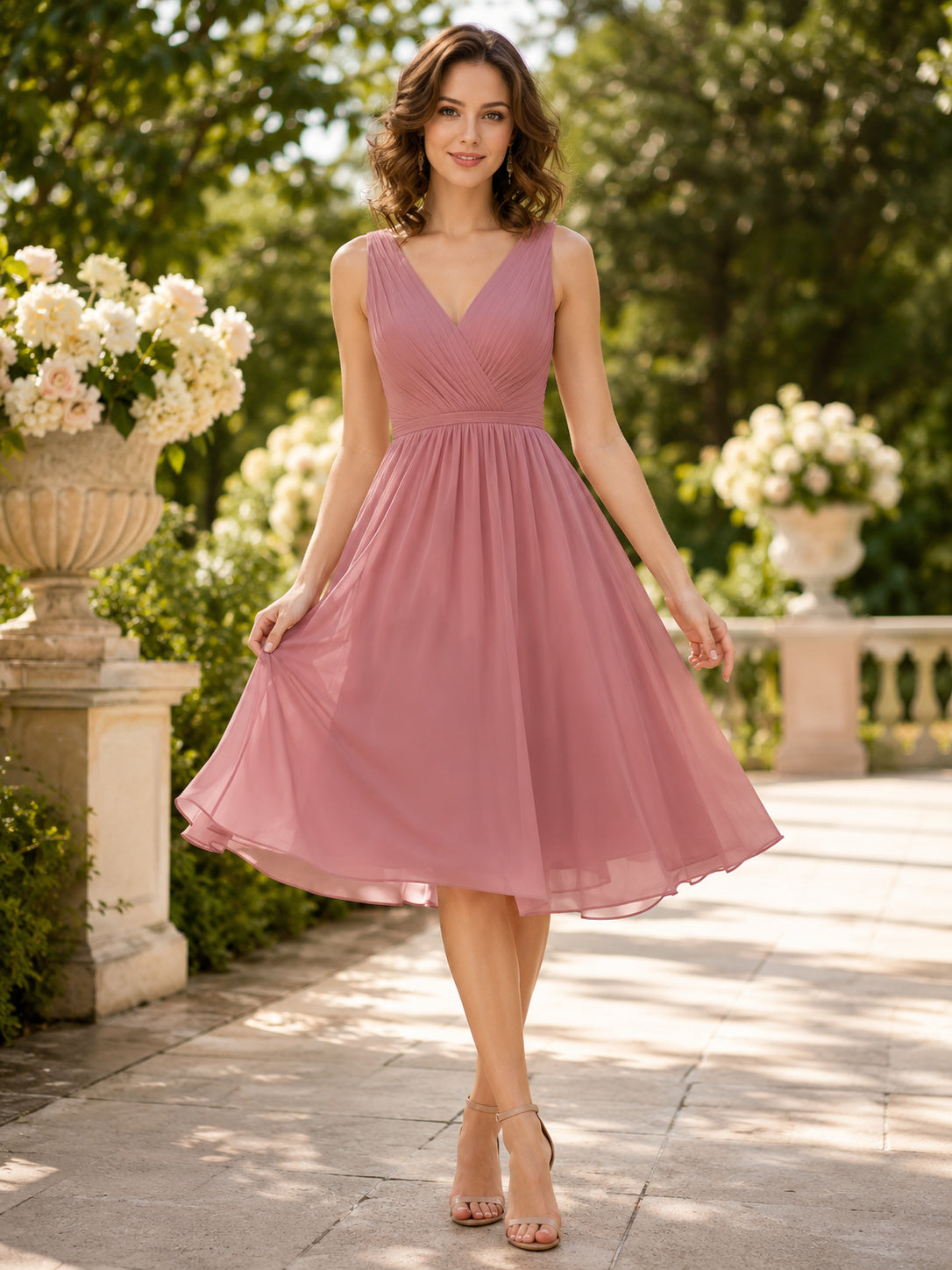 Dusty Rose V-neck Chiffon Lace-Up Cocktail Dress front view