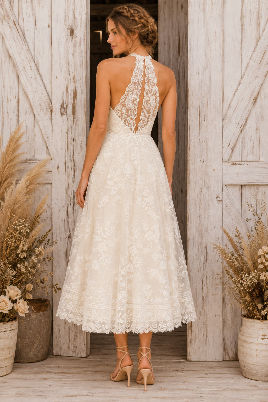 Ivory Halter Applique Lace Tea Length Wedding Dress Keyhole Back for Wedding Reception and Party back view