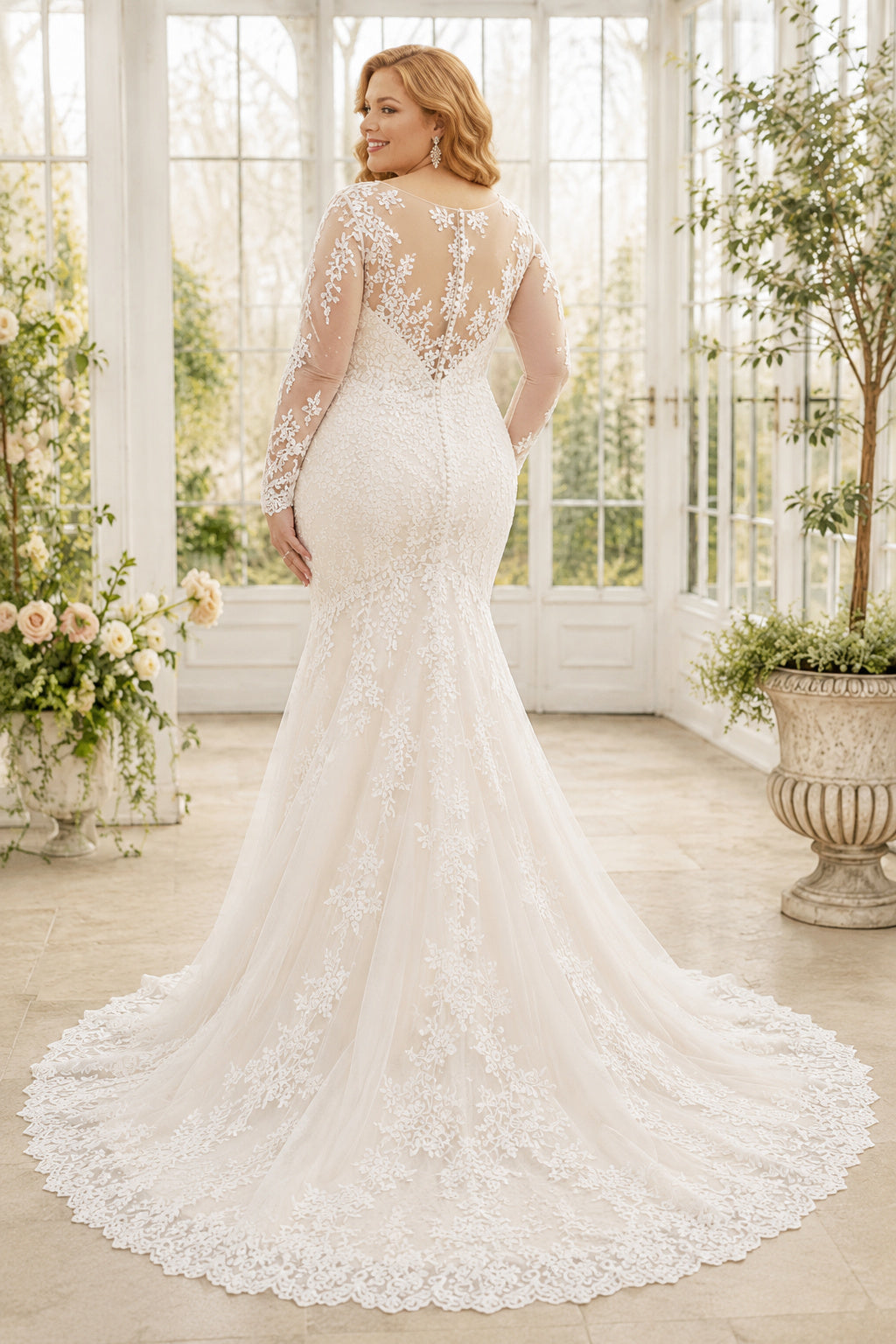Plus Size Ivory V-Neck Long Illusion Sleeve Lace Tulle Mermaid Wedding Dress with Fitted Lace Mermaid Skirt and Chapel Train